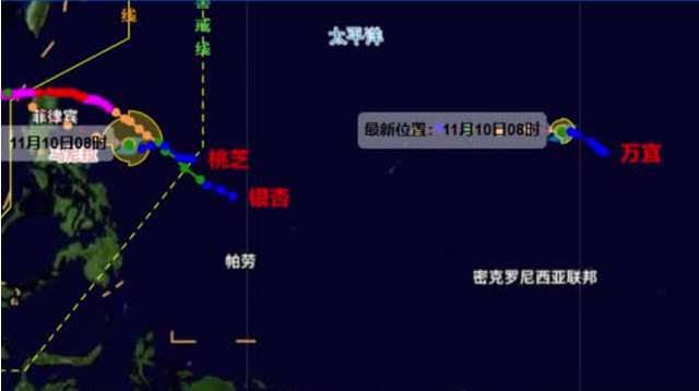 继强台风“银杏” 后，台风“桃芝”“万宜”接连生成，11月罕见“三旋共舞”