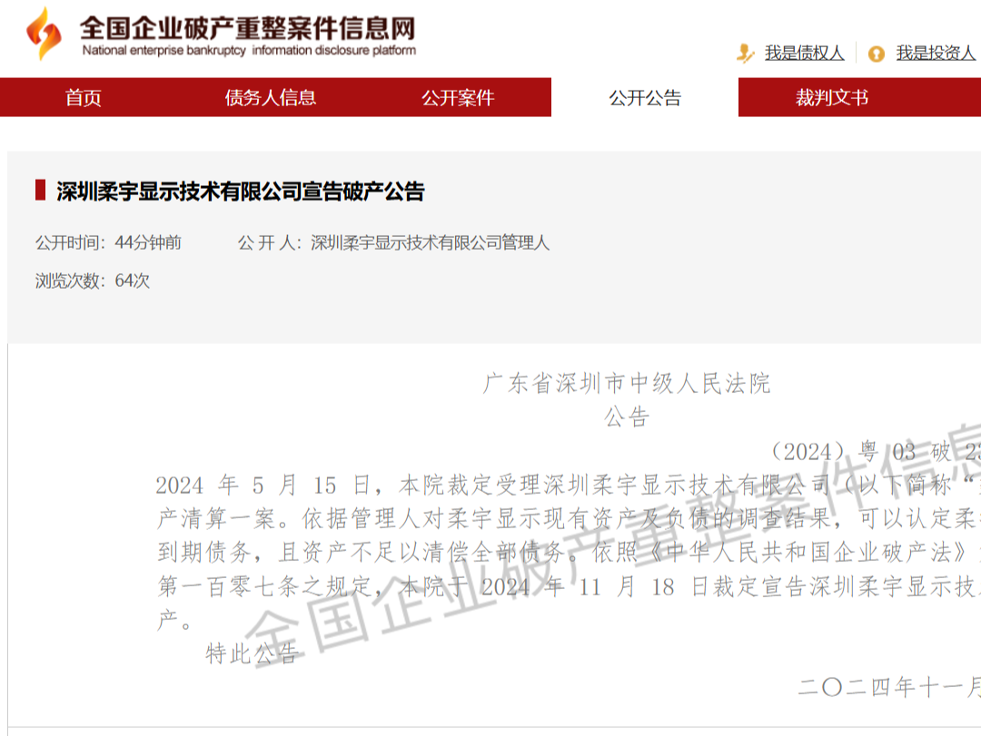 深圳中院宣告深圳柔宇显示技术有限公司破产