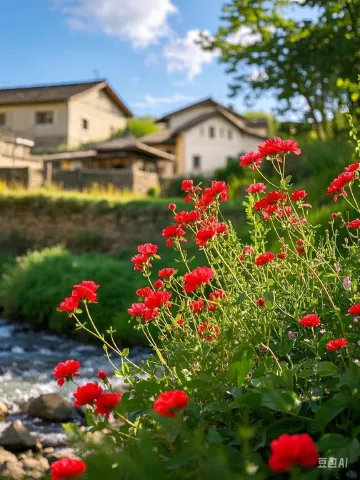 百花盛开的村口
