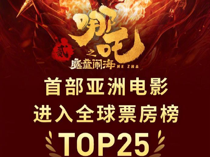 亚洲首部！《哪吒2》进入全球影史票房榜前25名