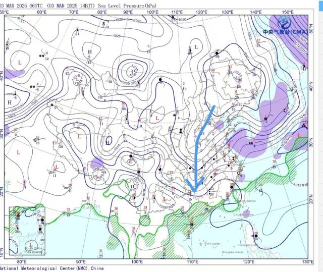 从今天14时海平面气压场也能看到，冷高压从河南湖北向湖南凸出，南下程度比东段更深，因此降温更明显。