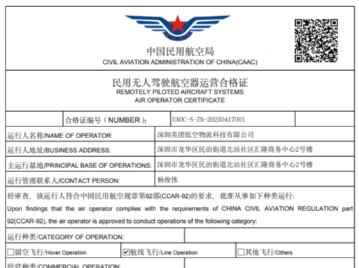 美团自研第四代无人机通过民航局审查，获全国首张低空物流全境覆盖运营合格证