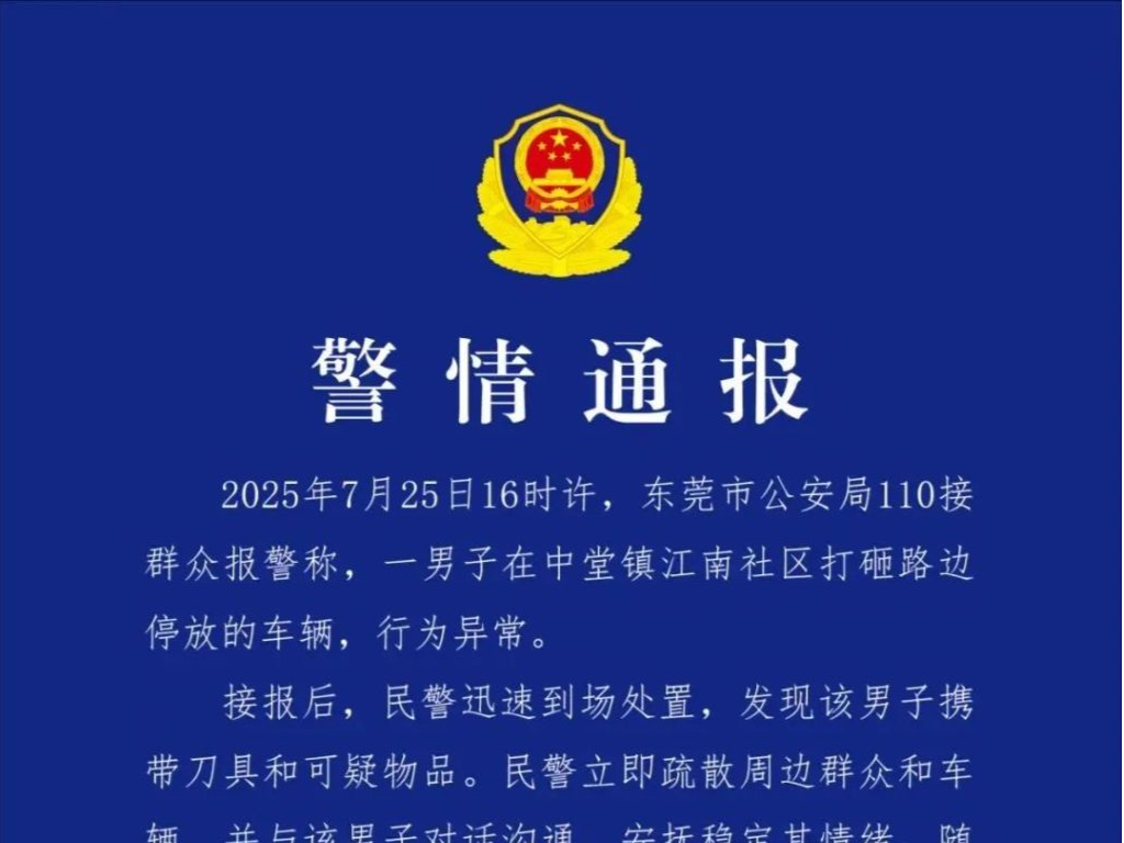 一行为异常男子打砸路边停放车辆，东莞警方：已将其控制 