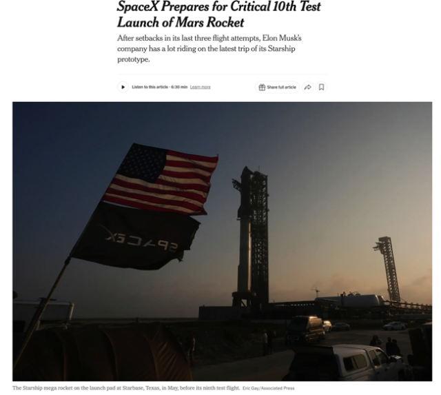 △《华尔街日报》报道，由于“星舰”研发进程的问题，NASA有关2027年实现载人登月的计划，估计要延迟到2028年甚至更晚了。