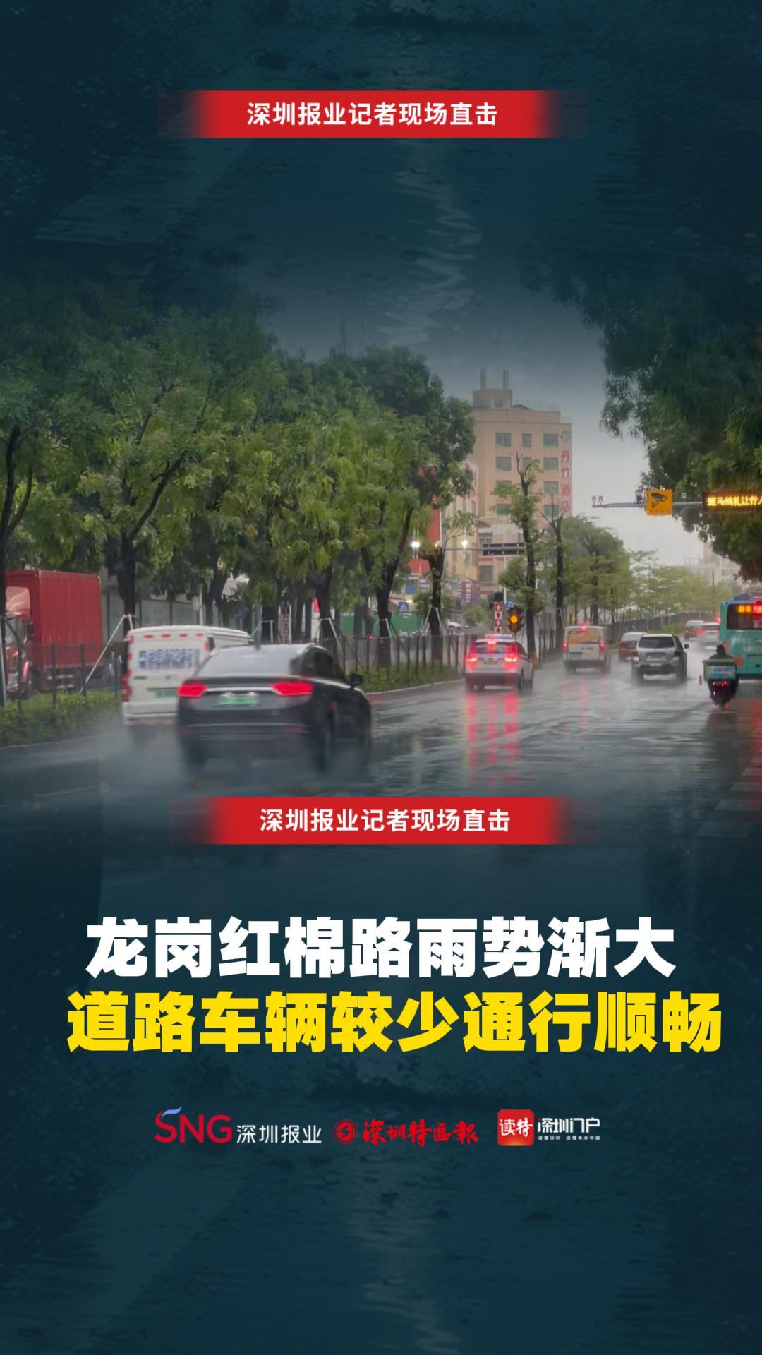 龙岗红棉路雨势渐大 道路车辆较少通行顺畅
