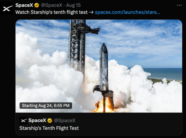 △SpaceX在社交媒体平台X上早早打出了试飞直播预告。