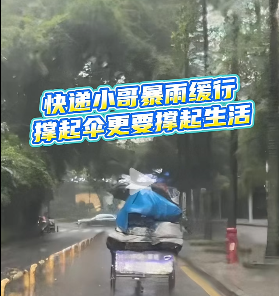 晶视频 | 快递小哥暴雨缓行 撑起伞更要撑起生活