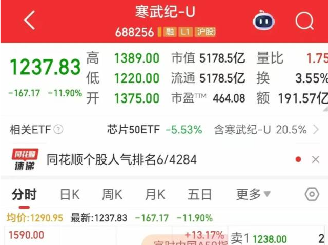寒武纪股价一度大跌13%，市值蒸发超694亿元