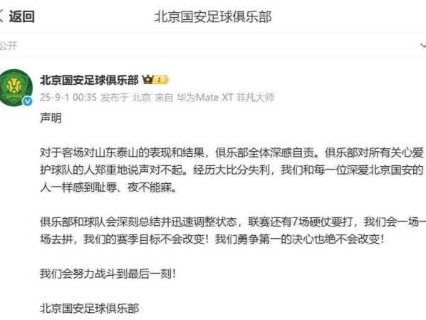 北京国安郑重致歉