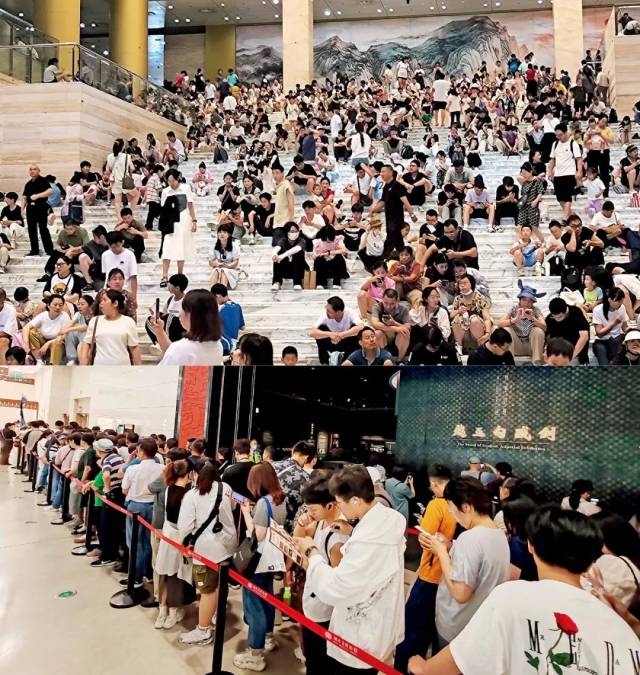 上图：7月14日，山东省博物馆内的大量游客。下图：5月17日，游客在湖北省博物馆排队。