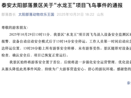 山东泰安一景区20米高游乐设施急停，景区通报：未有游客受伤