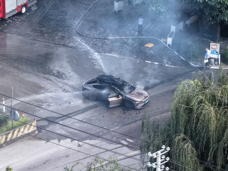 一辆蔚来ET7轿车在大理一景区外起火，一家四口撤离及时无伤亡 
