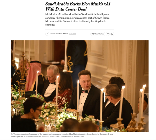 △《纽约时报》报道,马斯克的xAI将与沙特人工智能公司Humain合作建造新的数据中心 △《纽约时报》报道,马斯克的xAI将与沙特人工智能公司Humain合作建造新的数据中心