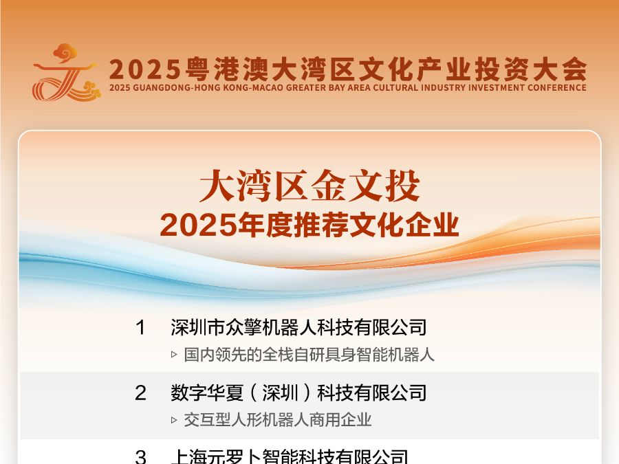 “大湾区金文投”2025年度案例出炉：众擎机器人获得“推荐文化企业”称号