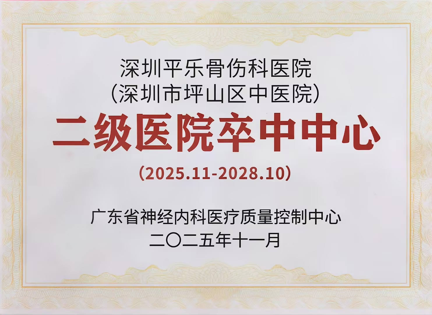 深圳平乐骨伤科医院获评广东省二级卒中中心