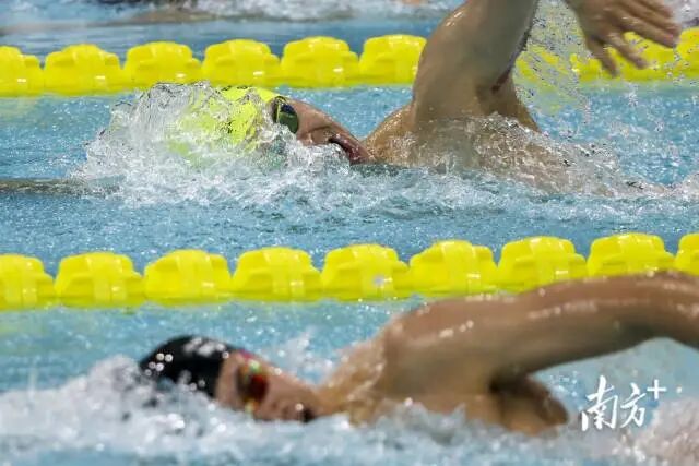 11月10日，十五运会游泳项目男子400米自由泳预赛，浙江队名将孙杨和潘展乐相邻赛道同场竞技，双双挺进决赛。朱洪波 摄