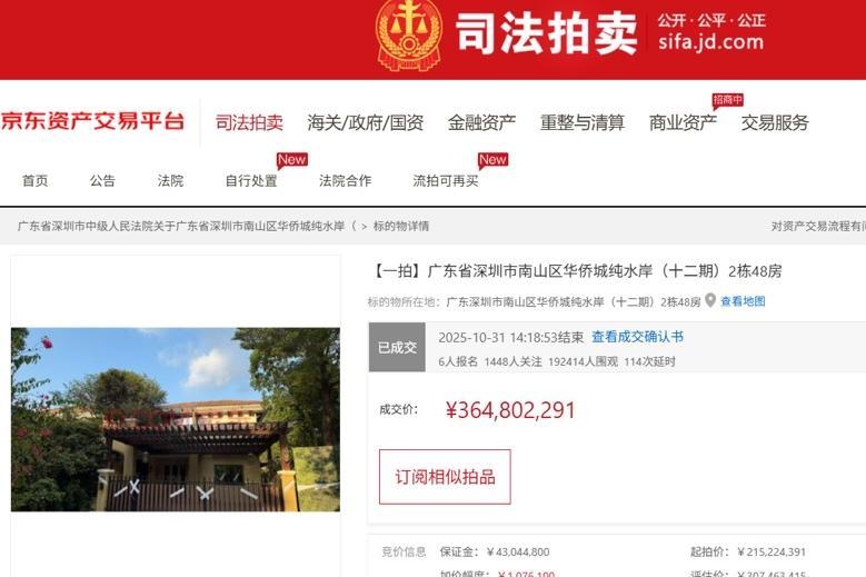 刷新全国法拍纪录！深圳史上最贵法拍房3.64亿元落槌京东