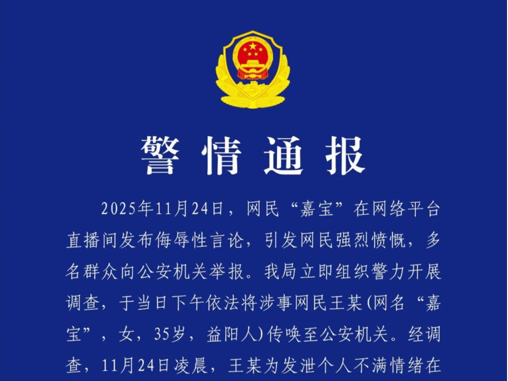 网民“嘉宝”在直播间发布侮辱性言论，湖南益阳警方通报