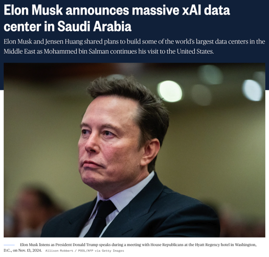 △NBC报道,马斯克周三宣布将在沙特启动一个新的数据中心项目 △NBC报道,马斯克周三宣布将在沙特启动一个新的数据中心项目