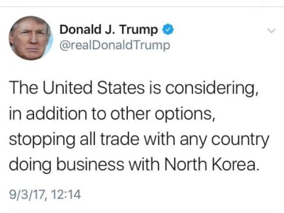 特朗普:正考虑停止同任何与朝鲜做生意国家的贸易往来