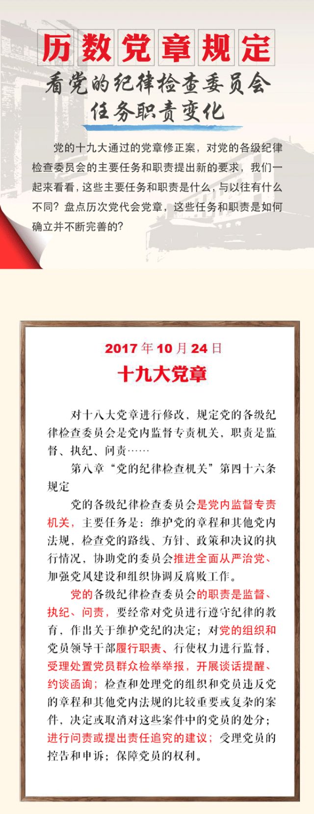 历数党章规定 看党的纪律检查委员会任务职责变化