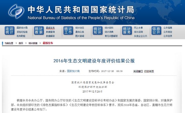 2016年生态文明建设年度评价:北京福建浙江位列前三