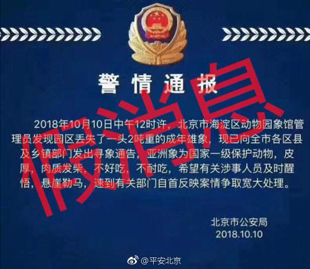 男子造谣动物园丢失大象被拘3日
