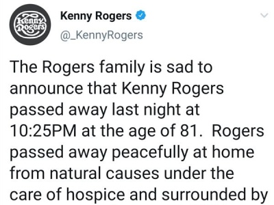 美国乡村歌手肯尼·罗杰斯去世，享年81岁