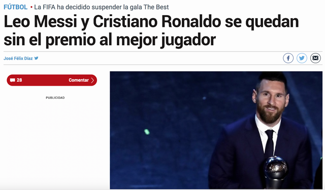 受疫情影响，FIFA取消本年世界足球先生评选