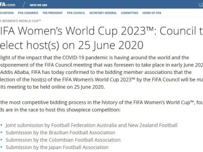 2023年女足世界杯举办地将于6月25日线上会议揭晓