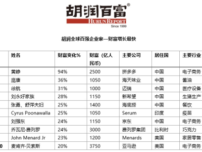 疫情四个月后，胡润全球百强企业家中财富增长最快前五名来自中国