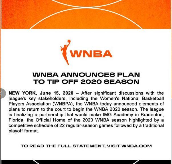 WNBA新赛季常规赛场数缩至22场 预计7月集中复赛