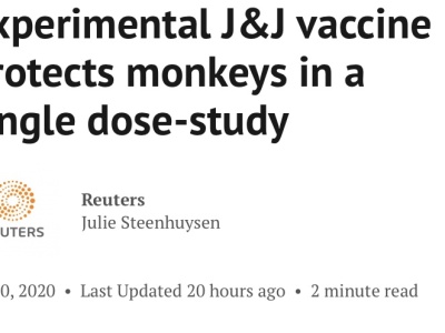 研究显示，强生公司新冠疫苗单剂量就能为猴子提供免疫