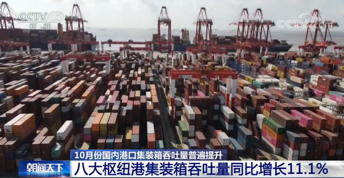 10月份全国八大枢纽港集装箱吞吐量同比增长11.1%