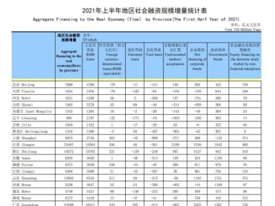 31省份上半年社融规模增量：广东增量第二超2万亿