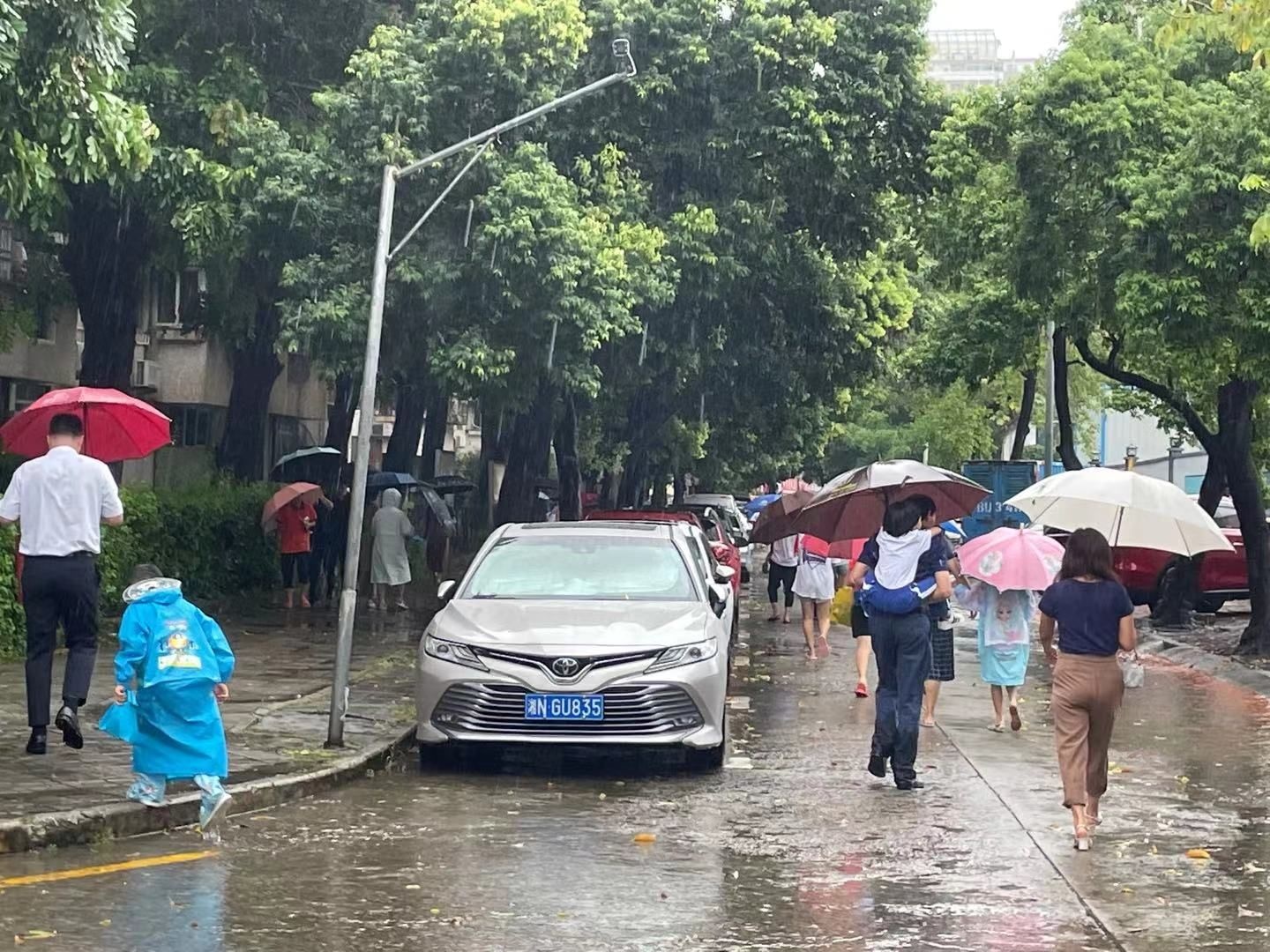 节后首日暴雨的深圳街头：排水工清洁工值守忙排涝，家长顶着暴雨接送娃