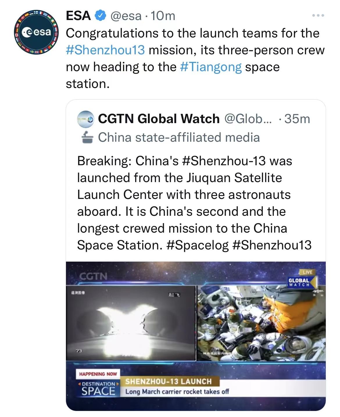 欧空局祝贺神舟十三号载人飞船发射成功